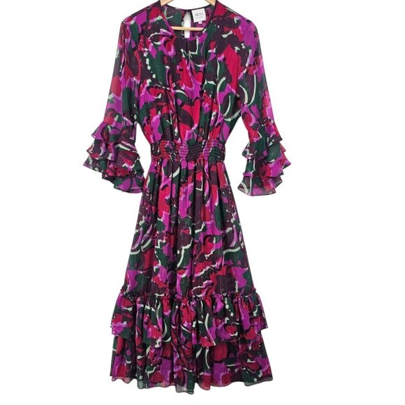 Misa Womens M Floral Ruffle Sleeve Gordana Midi Dress - Picture 3 of 16